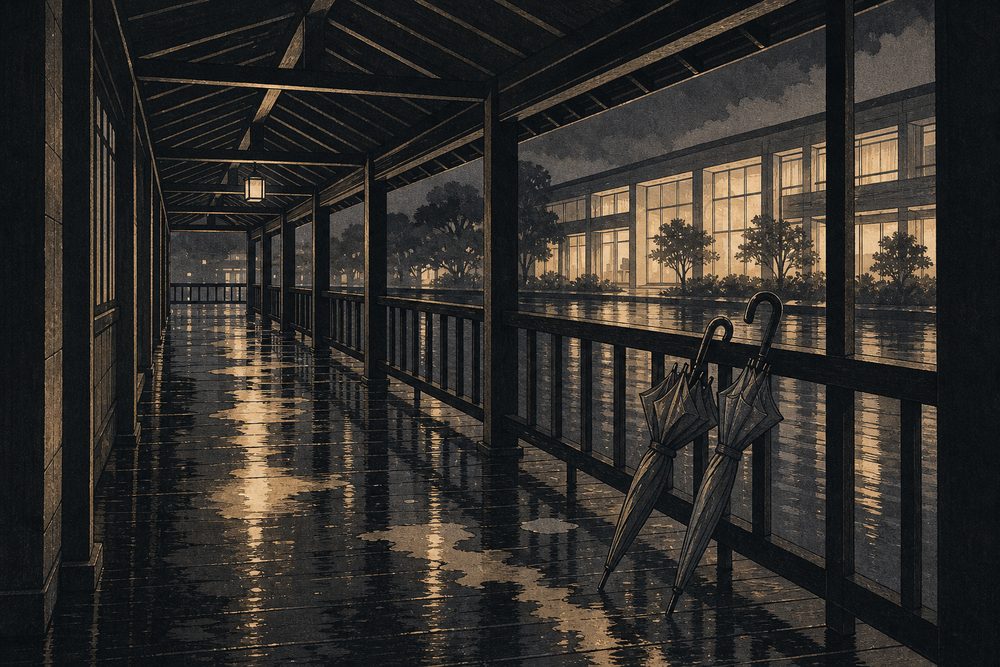雨の日の屋根つき歩道橋を描いたイラスト（AI生成イラスト）