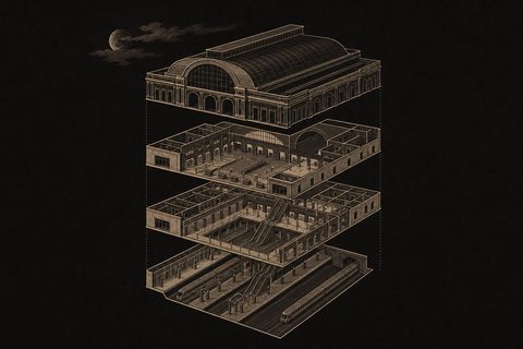 エレベーターと階段のある通路を描いたイラスト（AI生成イラスト）