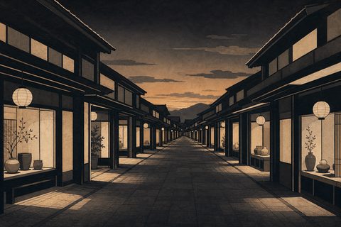 並んだ店先を描いたイラスト（AI生成イラスト）