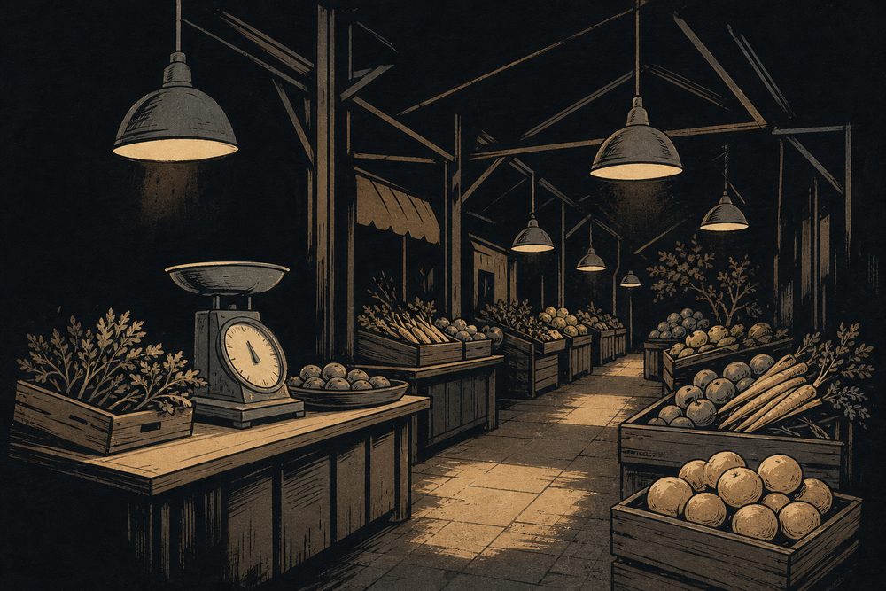 食品売り場の通路を描いたイラスト（AI生成イラスト）
