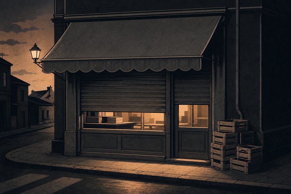日暮れの小さな店先を描いたイラスト（AI生成イラスト）