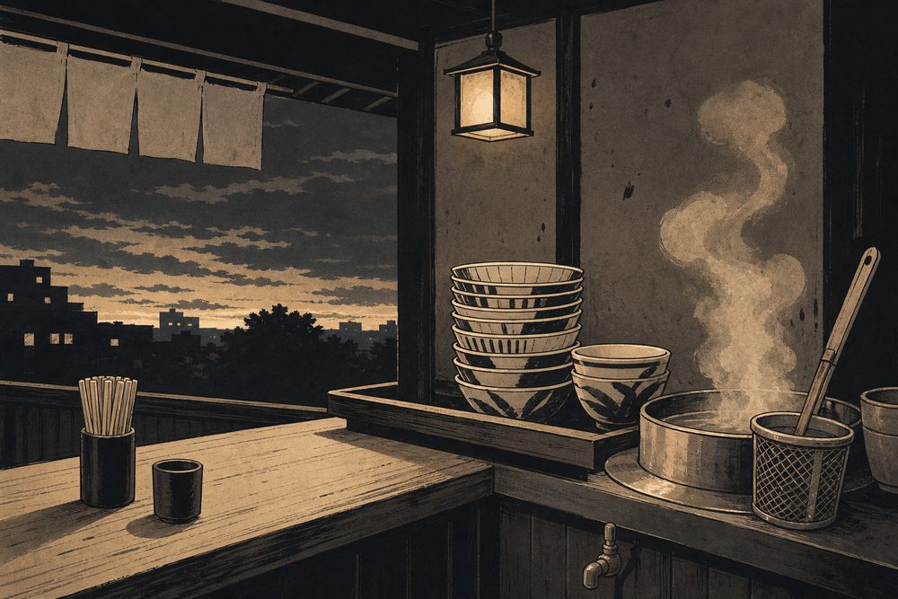 釜揚げ讃岐うどん 丸亀製麺のイメージイラスト（AI生成イラスト）