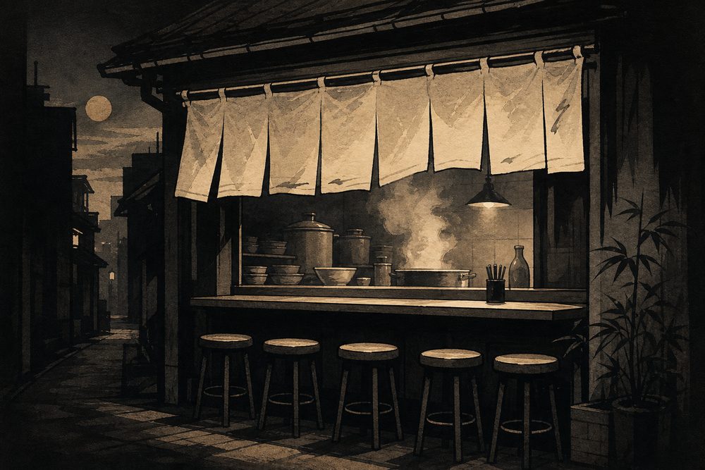 カウンターだけの飲食店を描いたイラスト（AI生成イラスト）